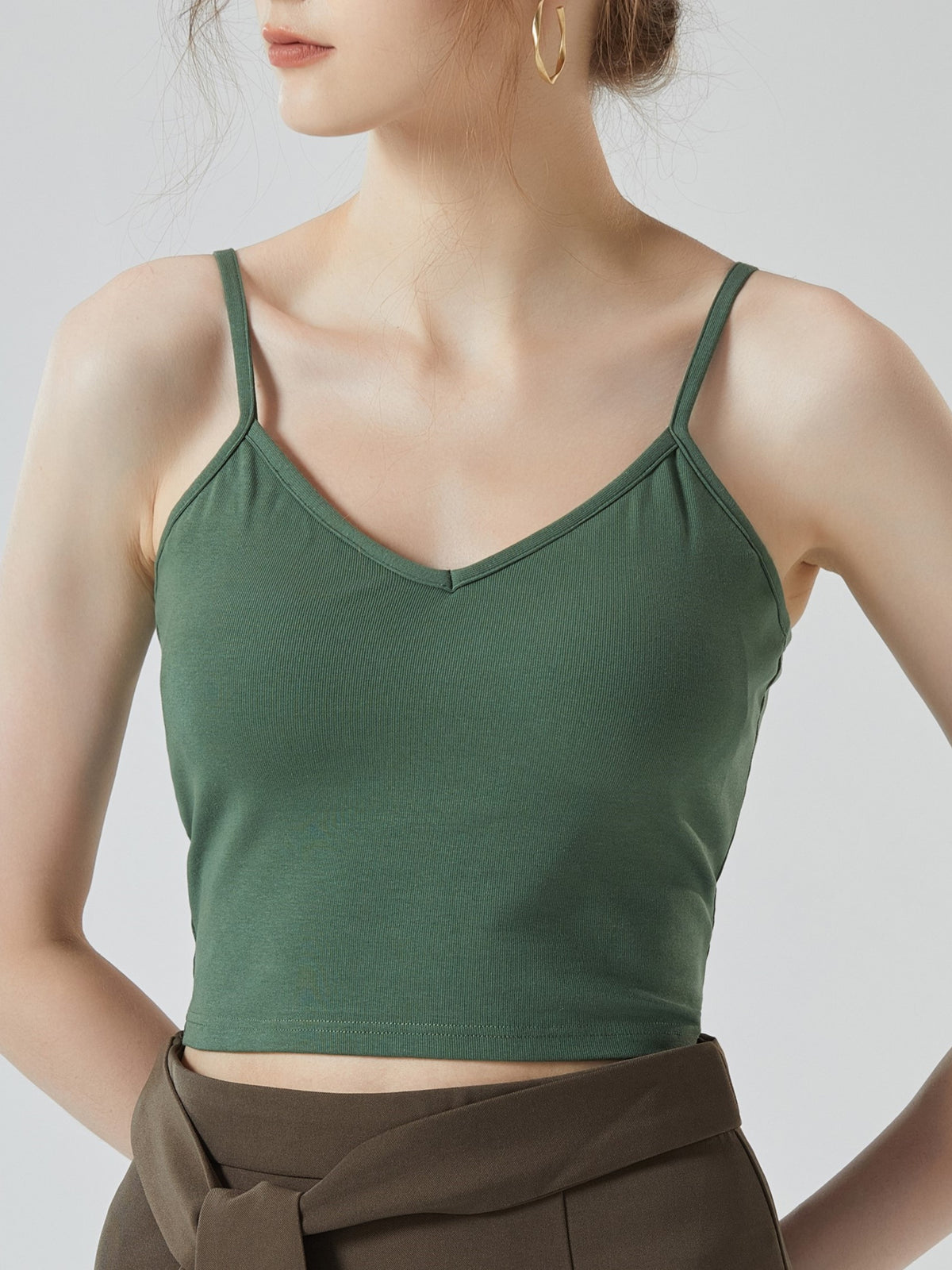 Crisscross Back Cropped Cami With Bra Cups - Green - 2