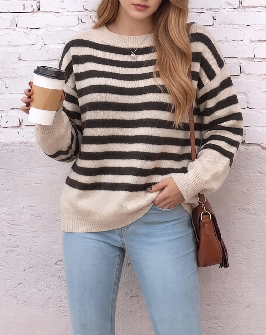 Classic Stripe Drop Shoulder Knit Pullover Sweater - Apricot