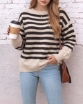 Classic Stripe Drop Shoulder Knit Pullover Sweater - Apricot