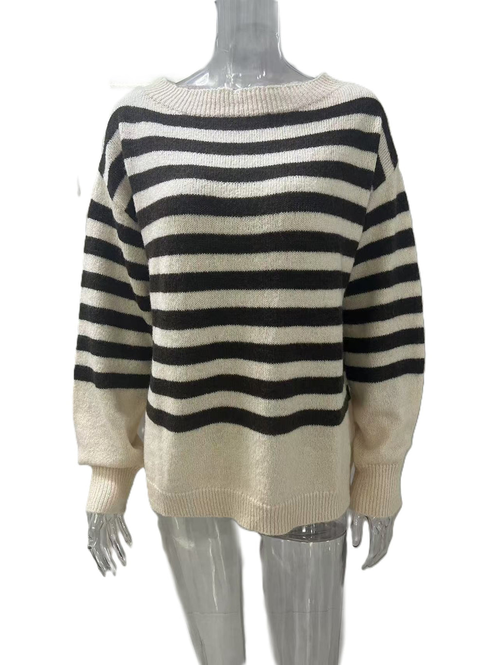 Classic Stripe Drop Shoulder Knit Pullover Sweater - Apricot - 1
