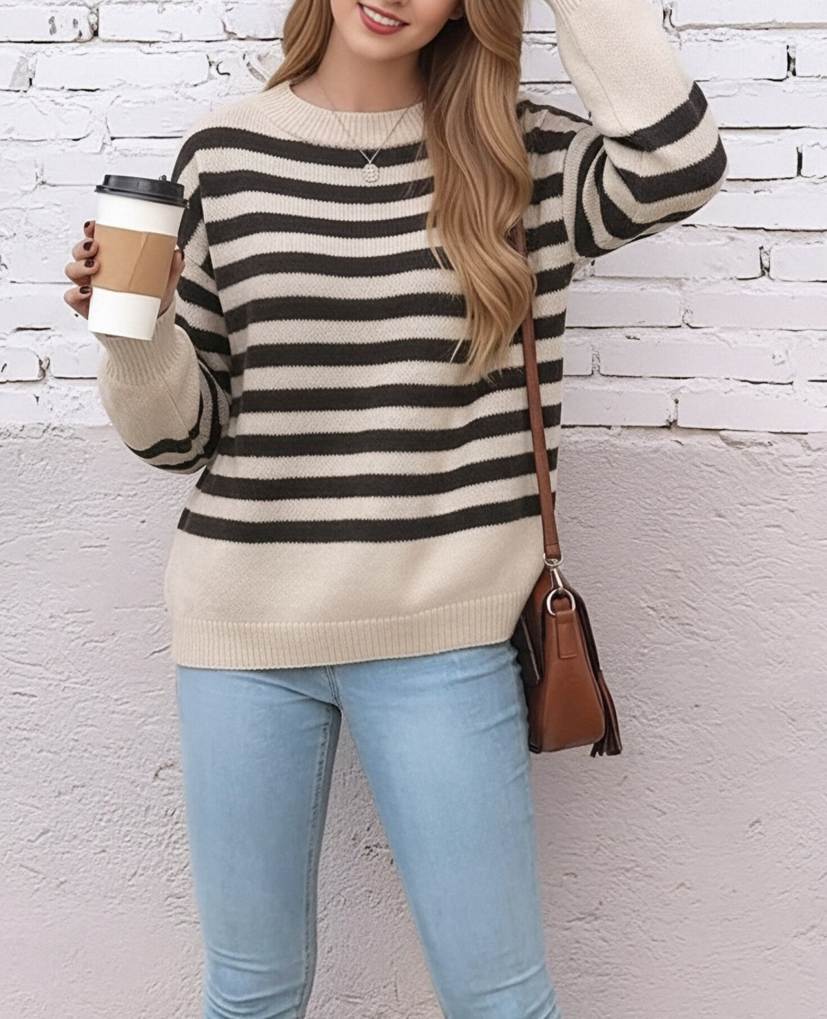 Classic Stripe Drop Shoulder Knit Pullover Sweater - Apricot - 2