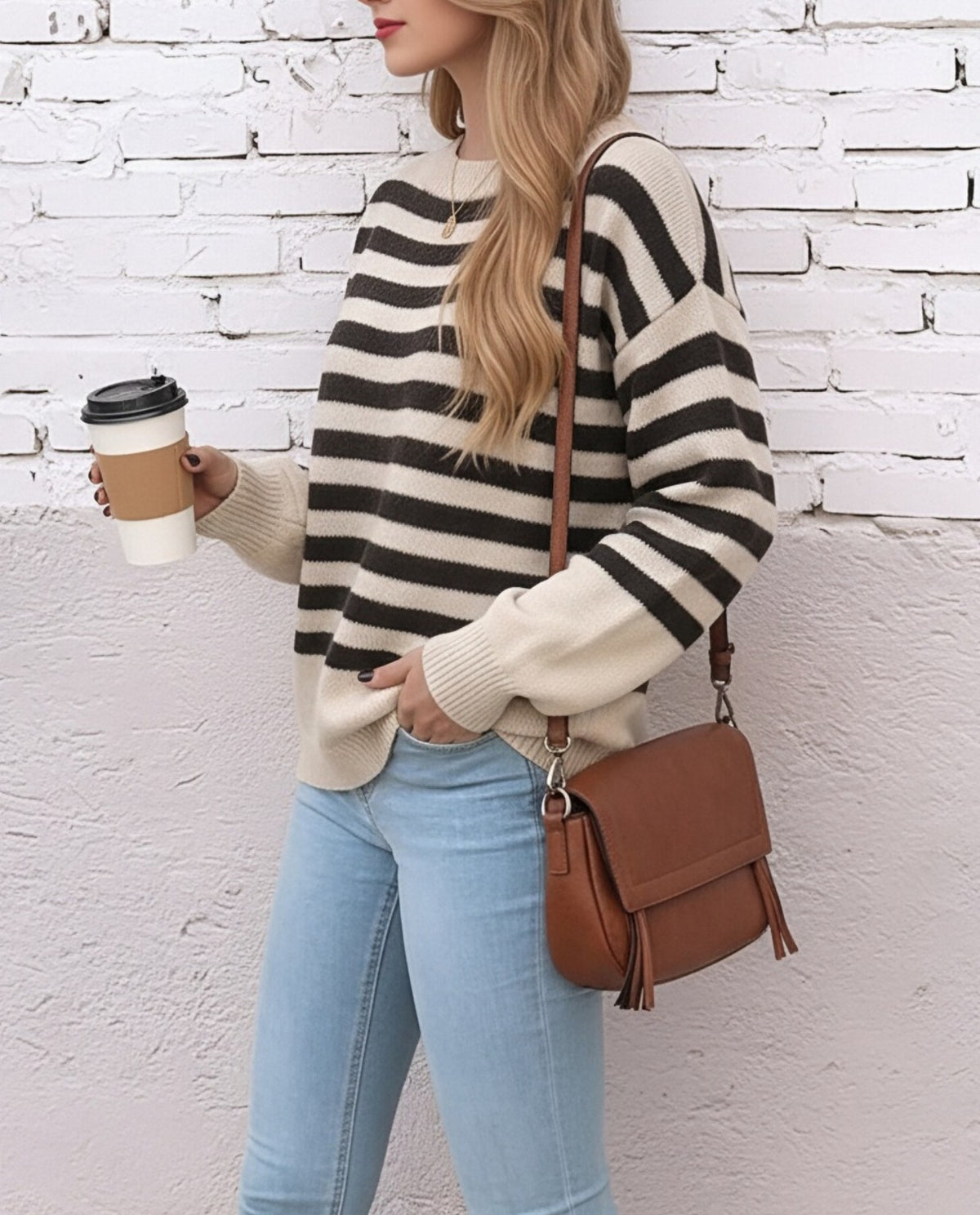 Classic Stripe Drop Shoulder Knit Pullover Sweater - Apricot - 3