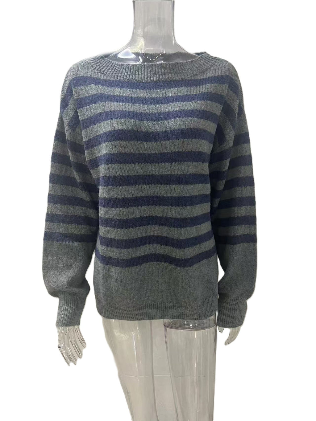 Classic Stripe Drop Shoulder Knit Pullover Sweater - Grey