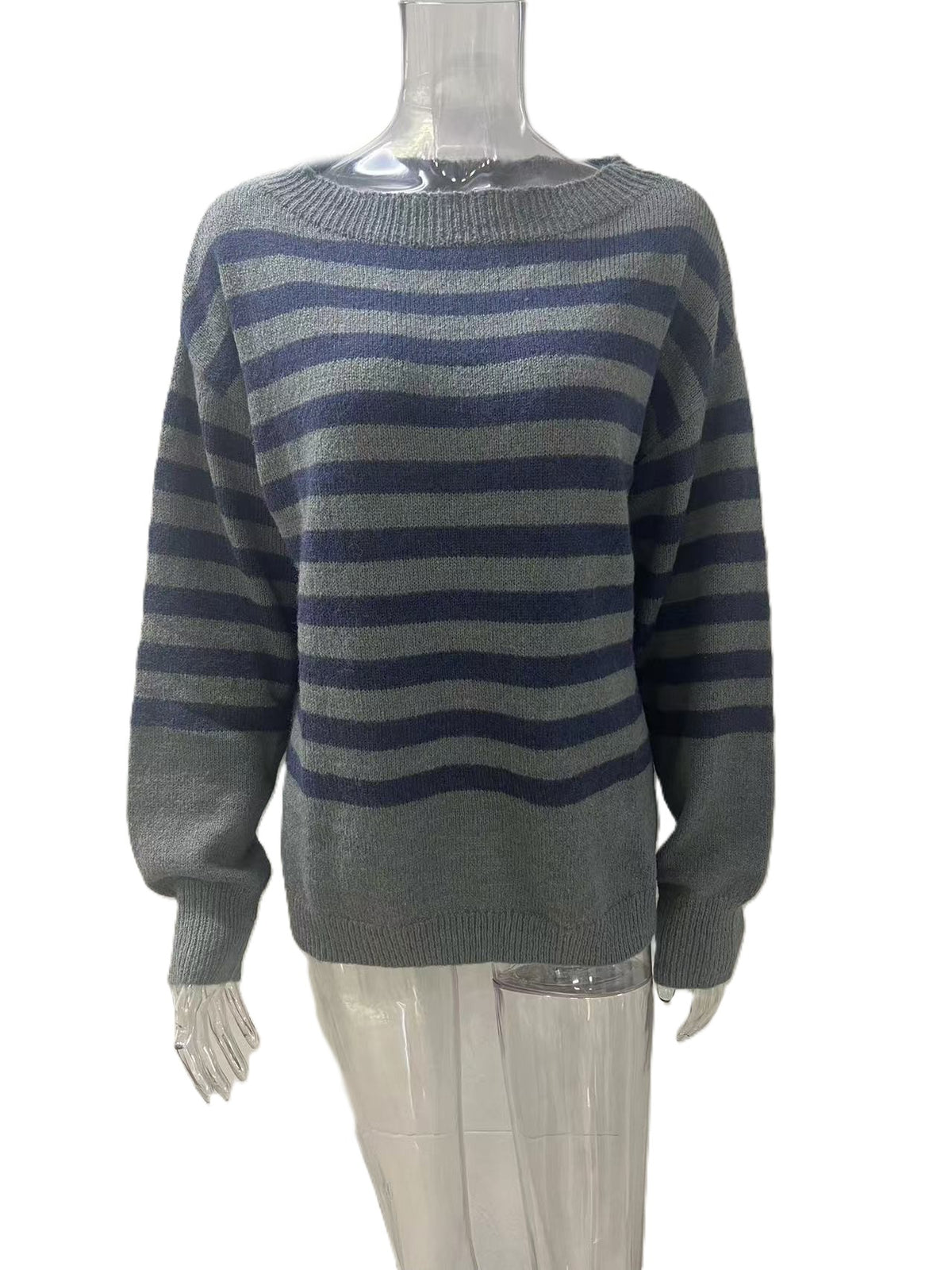 Classic Stripe Drop Shoulder Knit Pullover Sweater - Grey