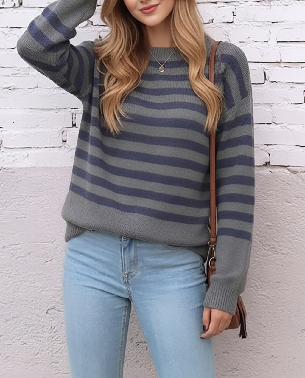 Classic Stripe Drop Shoulder Knit Pullover Sweater - Grey - 1