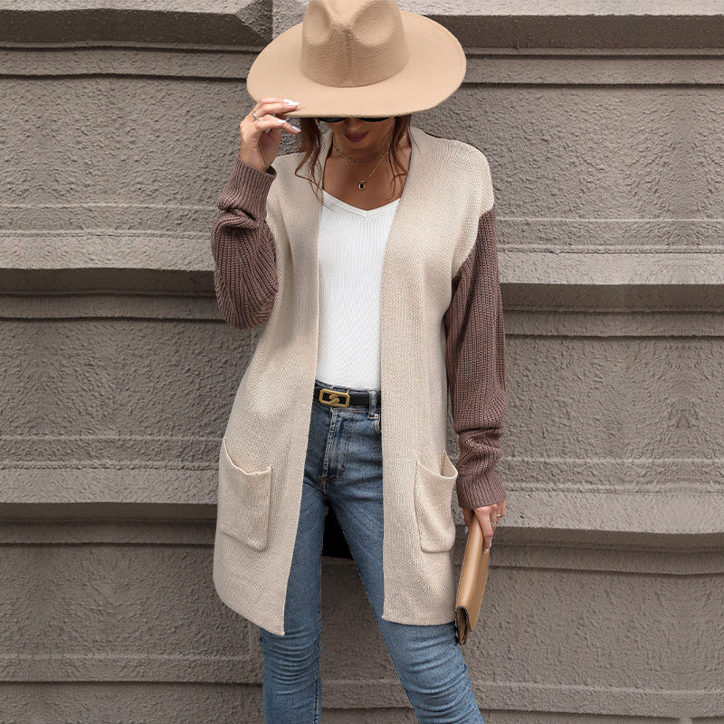 Longline Color Block Open Front Cardigan - Khaki - 2