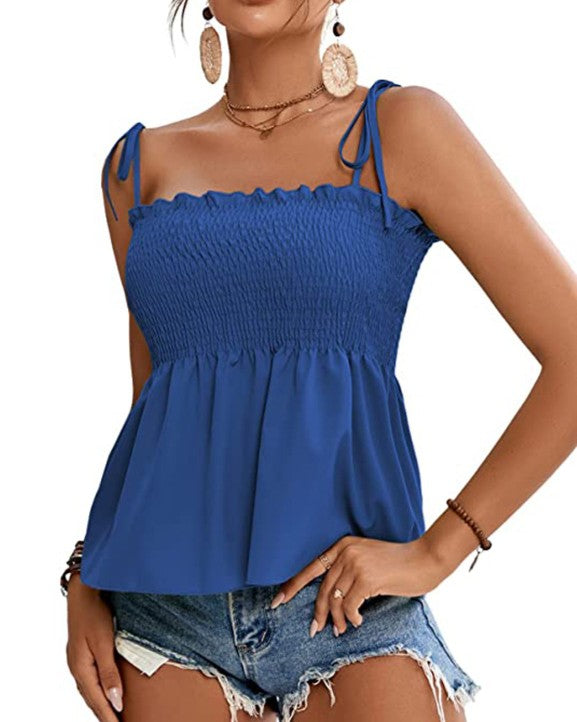 Smocked Tie Strap Peplum Tank Top - Blue