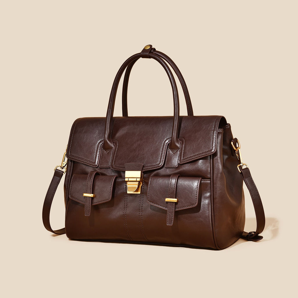Structured Flap Satchel With Front Pockets - Ebony Brown