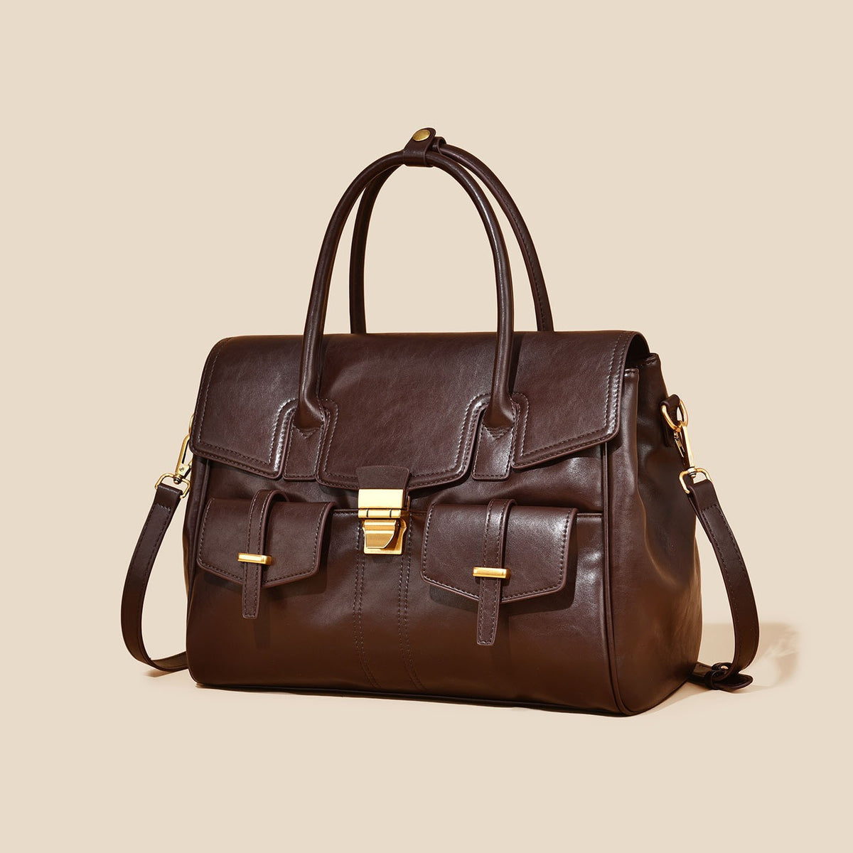 Structured Flap Satchel With Front Pockets - Ebony Brown