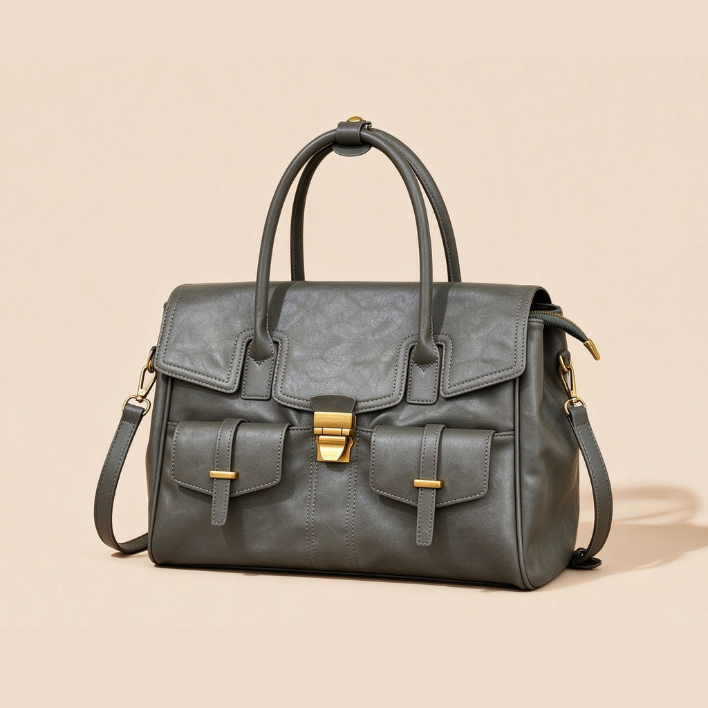 Structured Flap Satchel With Front Pockets - Gray