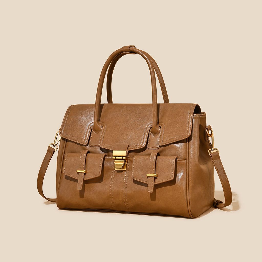 Structured Flap Satchel With Front Pockets - Tan