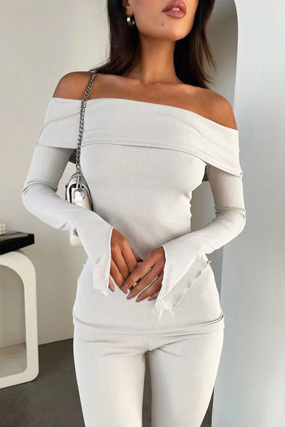 Off Shoulder Asymmetric Top and Flare Pant Set - Ash