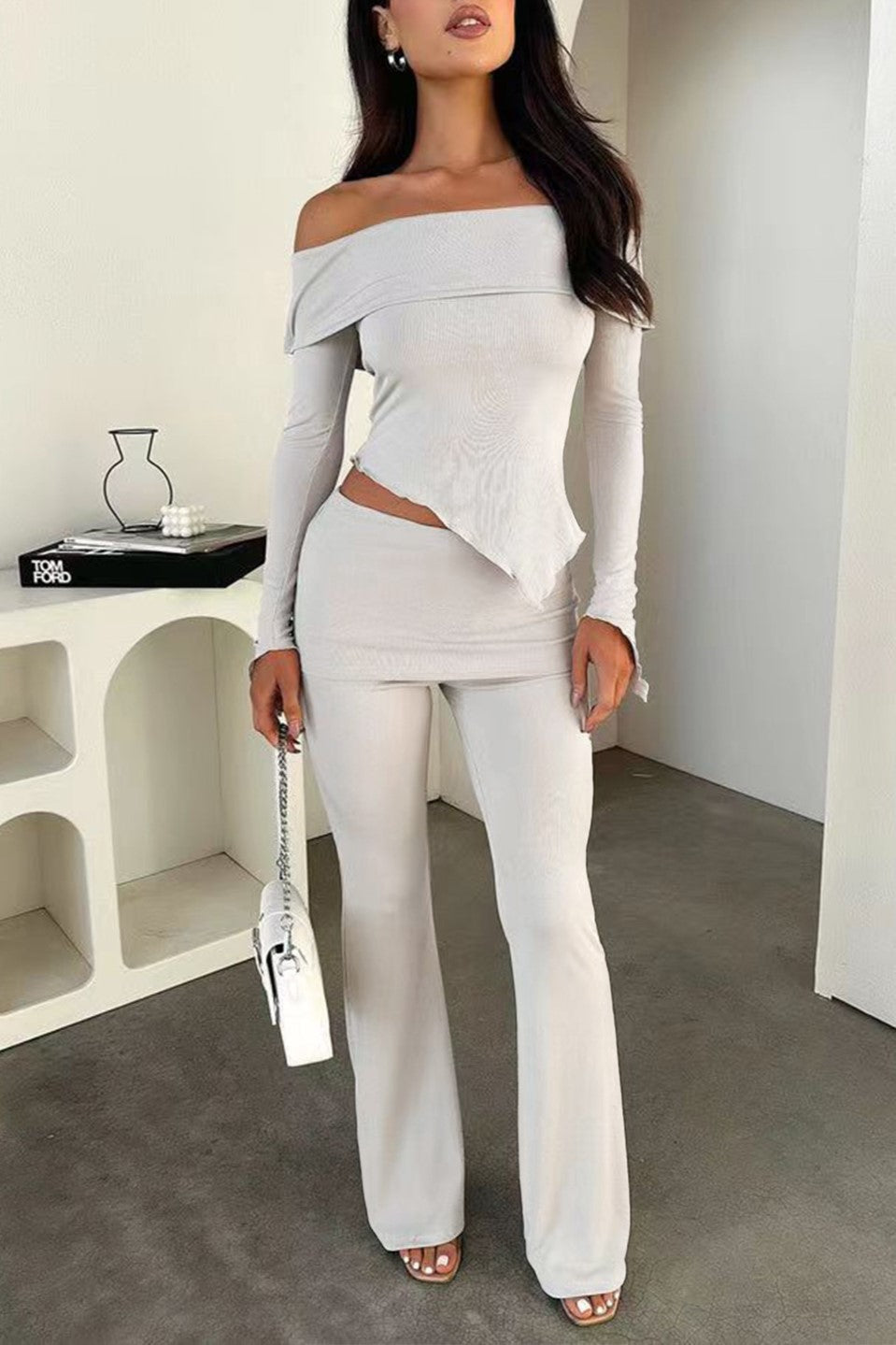 Off Shoulder Asymmetric Top and Flare Pant Set - Ash - 2