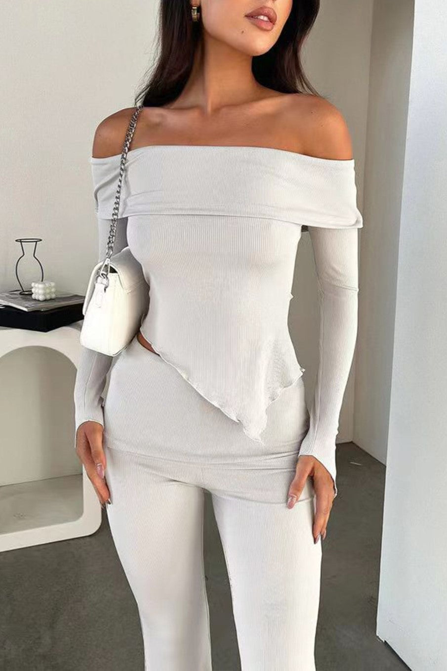 Off Shoulder Asymmetric Top and Flare Pant Set - Ash - 3