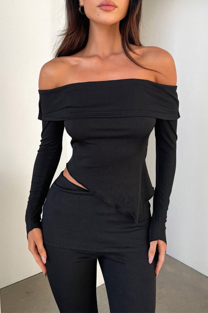 Off Shoulder Asymmetric Top and Flare Pant Set - Black