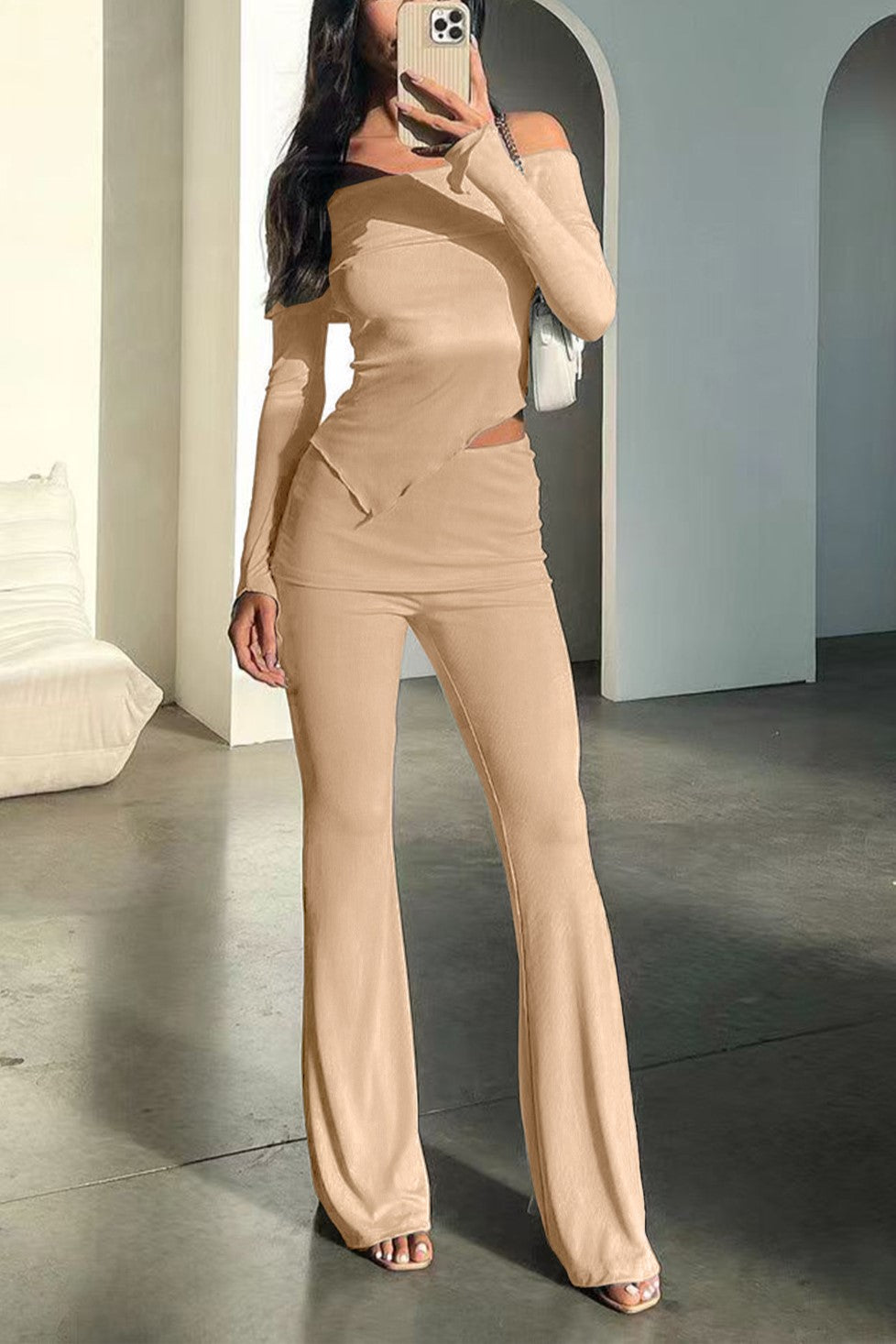 Off Shoulder Asymmetric Top and Flare Pant Set - Khaki