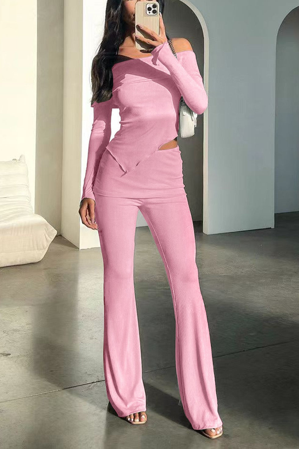 Off Shoulder Asymmetric Top and Flare Pant Set - Pink - 1