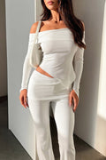 Off Shoulder Asymmetric Top and Flare Pant Set - White