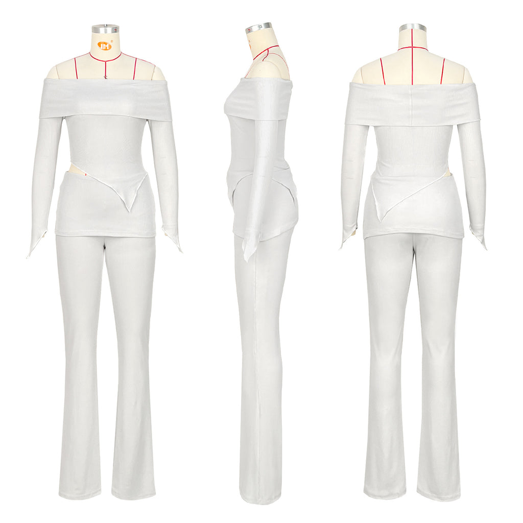Off Shoulder Asymmetric Top and Flare Pant Set - White - 2