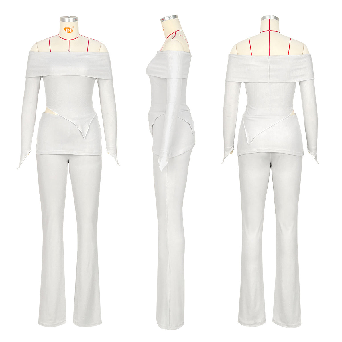 Off Shoulder Asymmetric Top and Flare Pant Set - White - 2