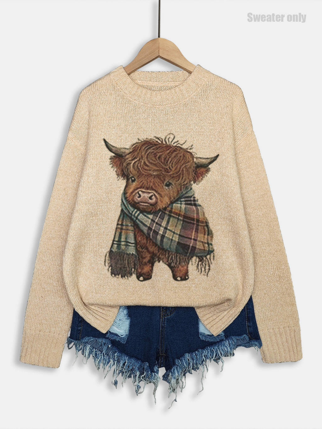 Highland Cattle Motif Drop Shoulder Sweater - Apricot