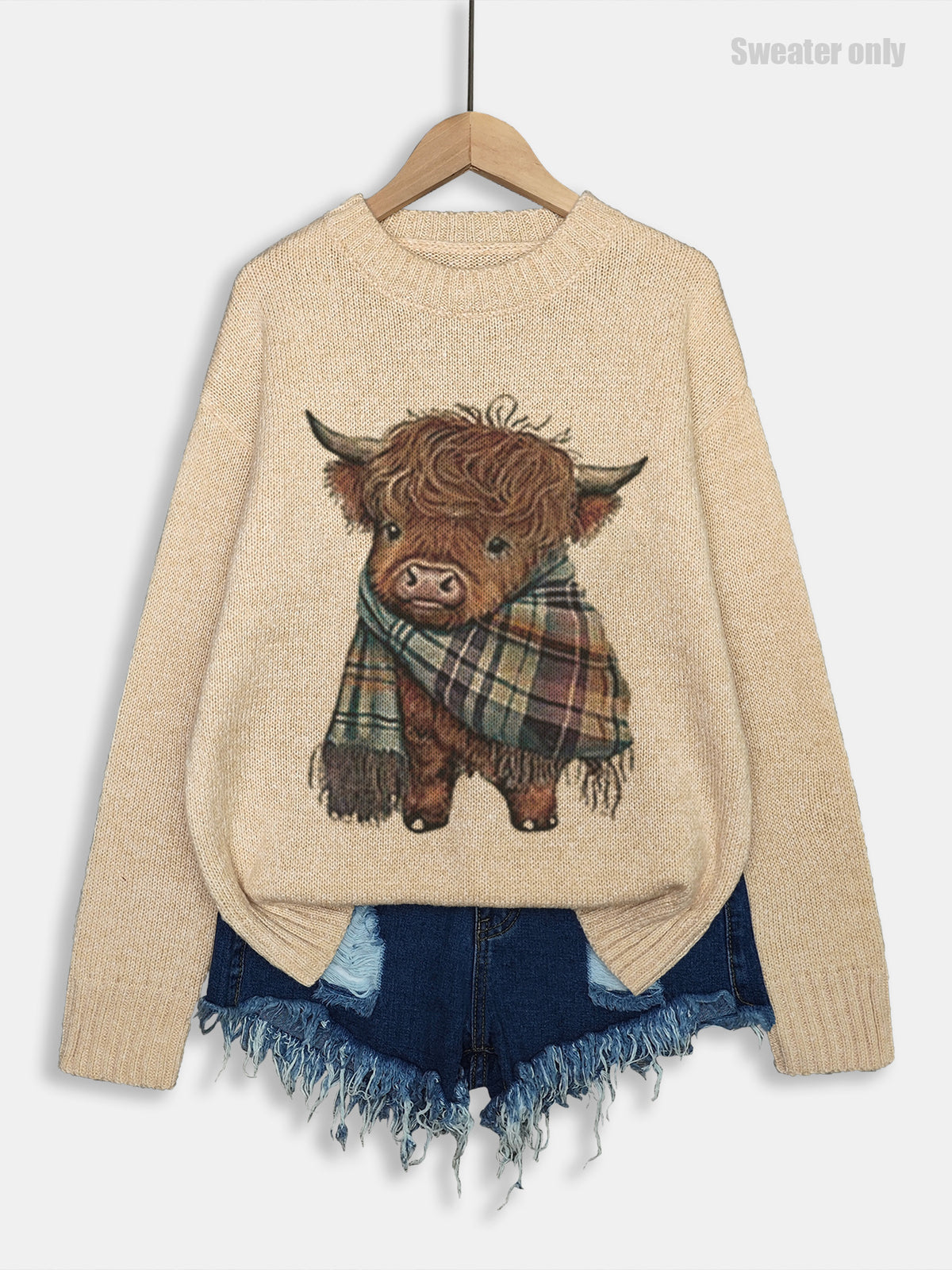 Highland Cattle Motif Drop Shoulder Sweater - Apricot