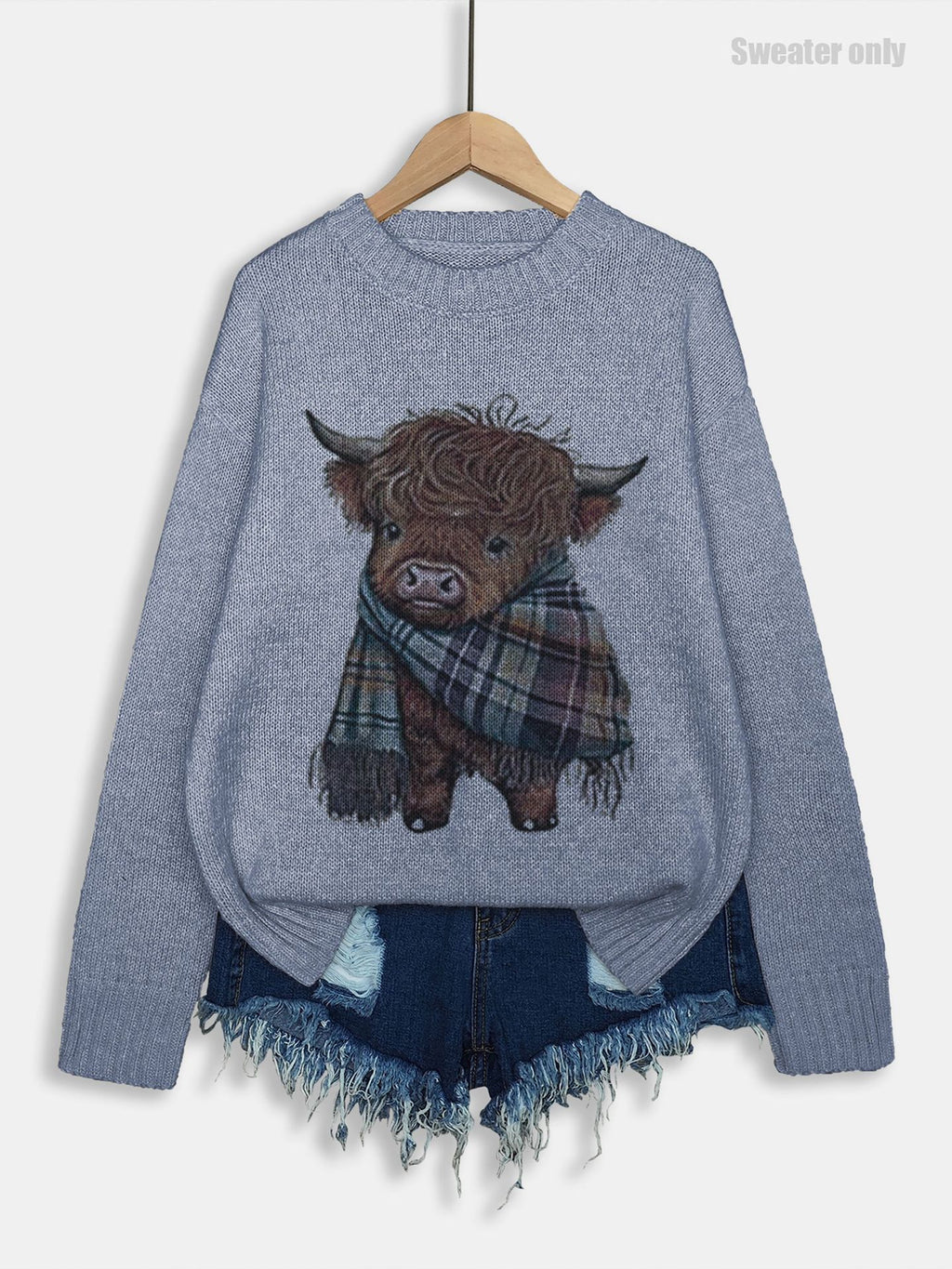Highland Cattle Motif Drop Shoulder Sweater - Blue