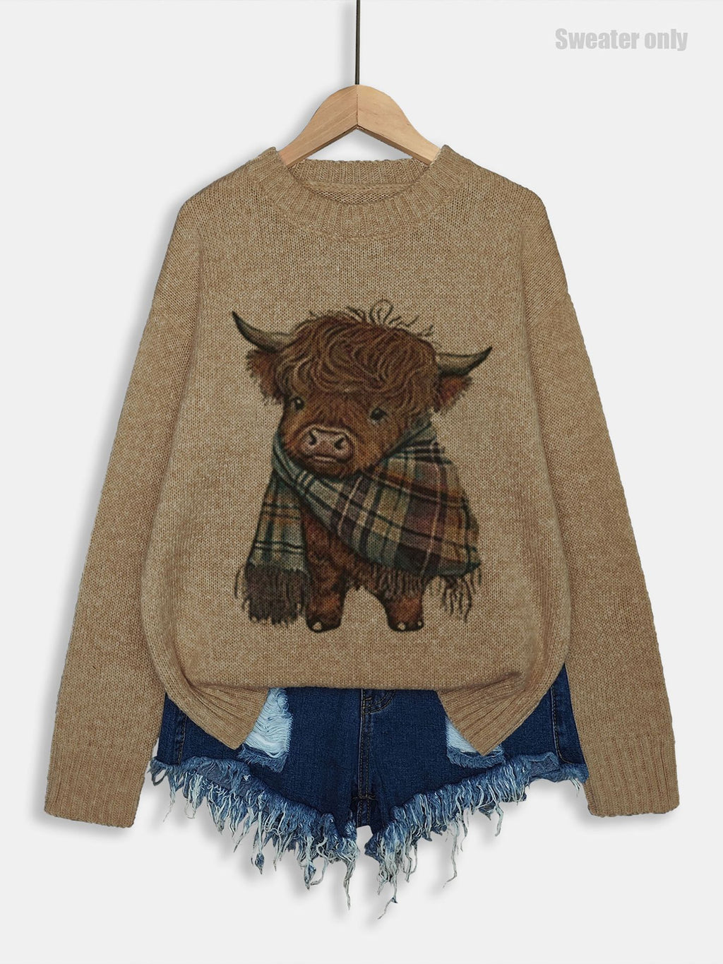Highland Cattle Motif Drop Shoulder Sweater - Brown