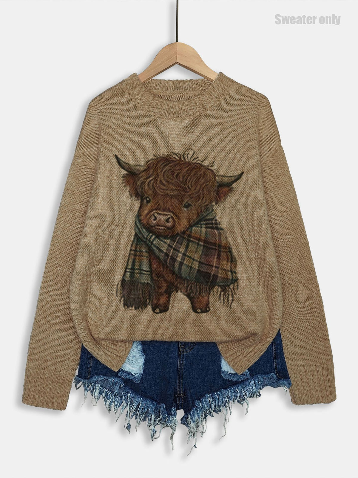 Highland Cattle Motif Drop Shoulder Sweater - Brown