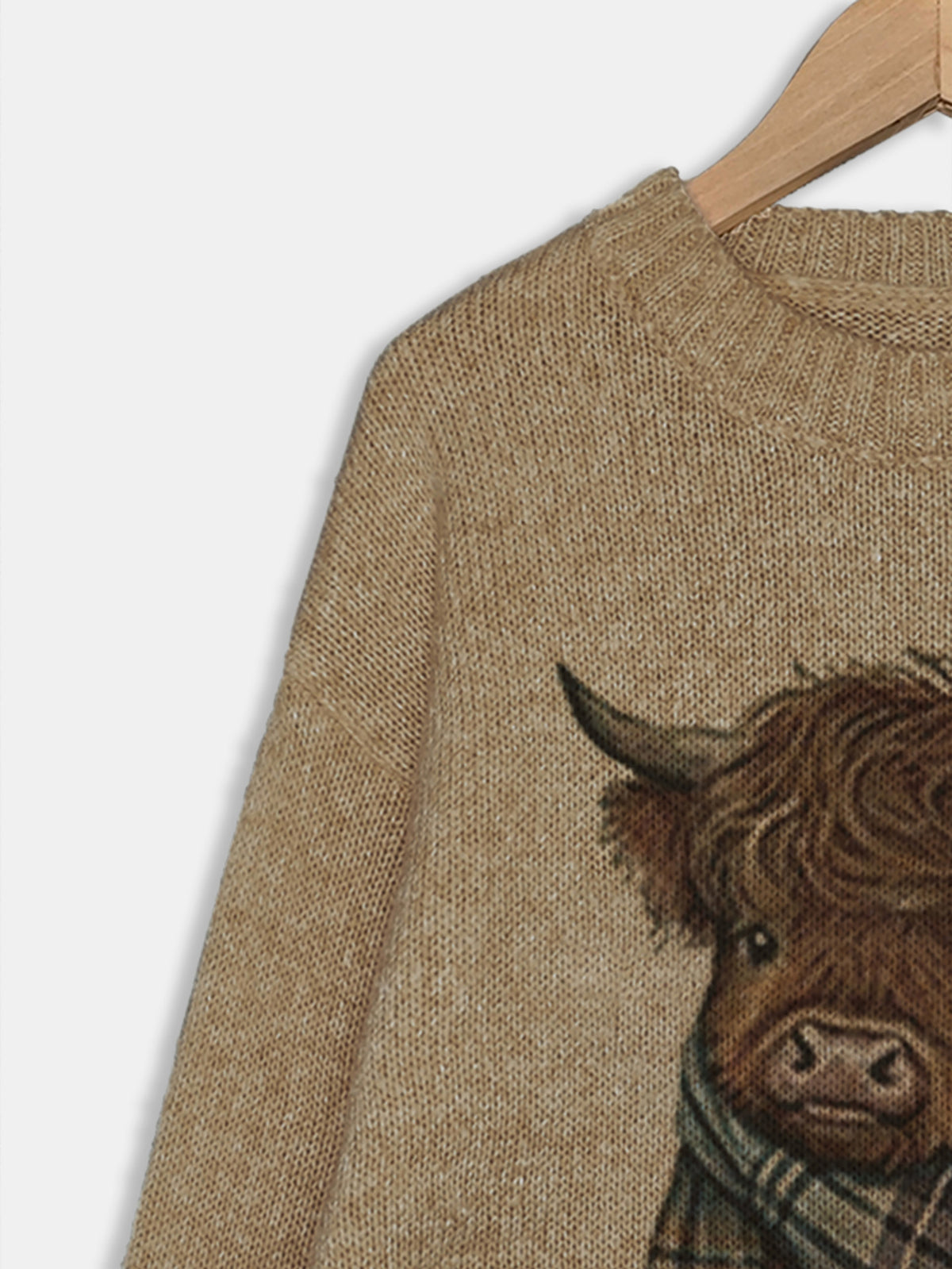 Highland Cattle Motif Drop Shoulder Sweater - Brown - 4