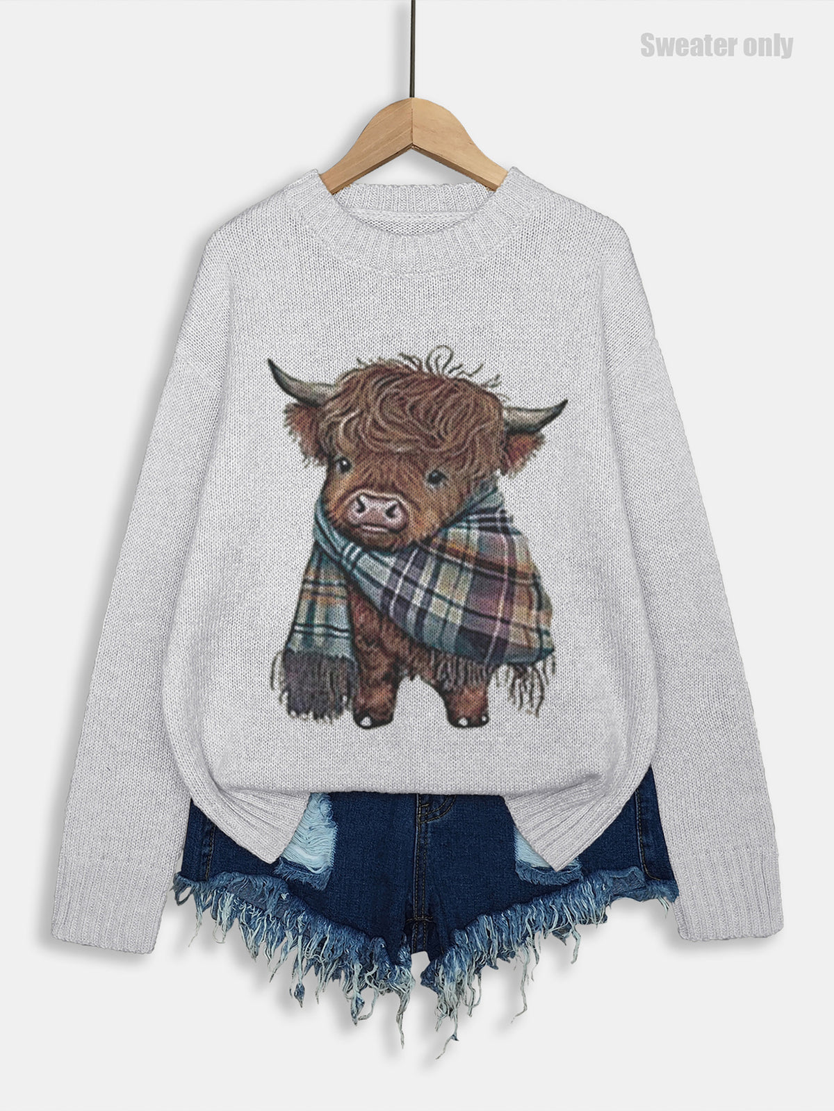 Highland Cattle Motif Drop Shoulder Sweater - Grey