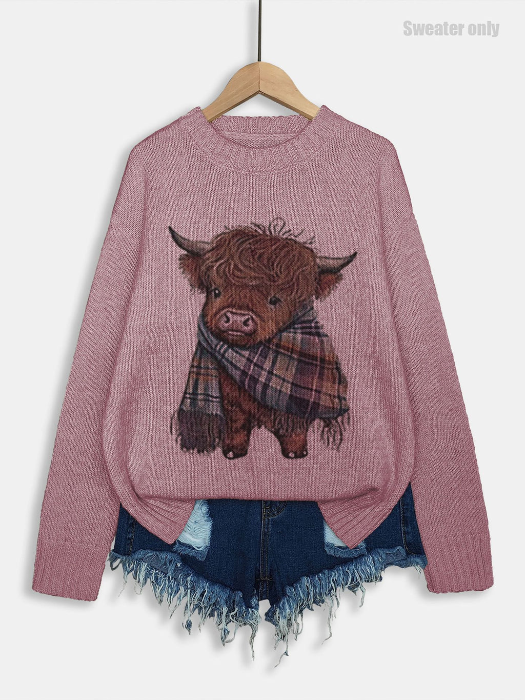 Highland Cattle Motif Drop Shoulder Sweater - Purple