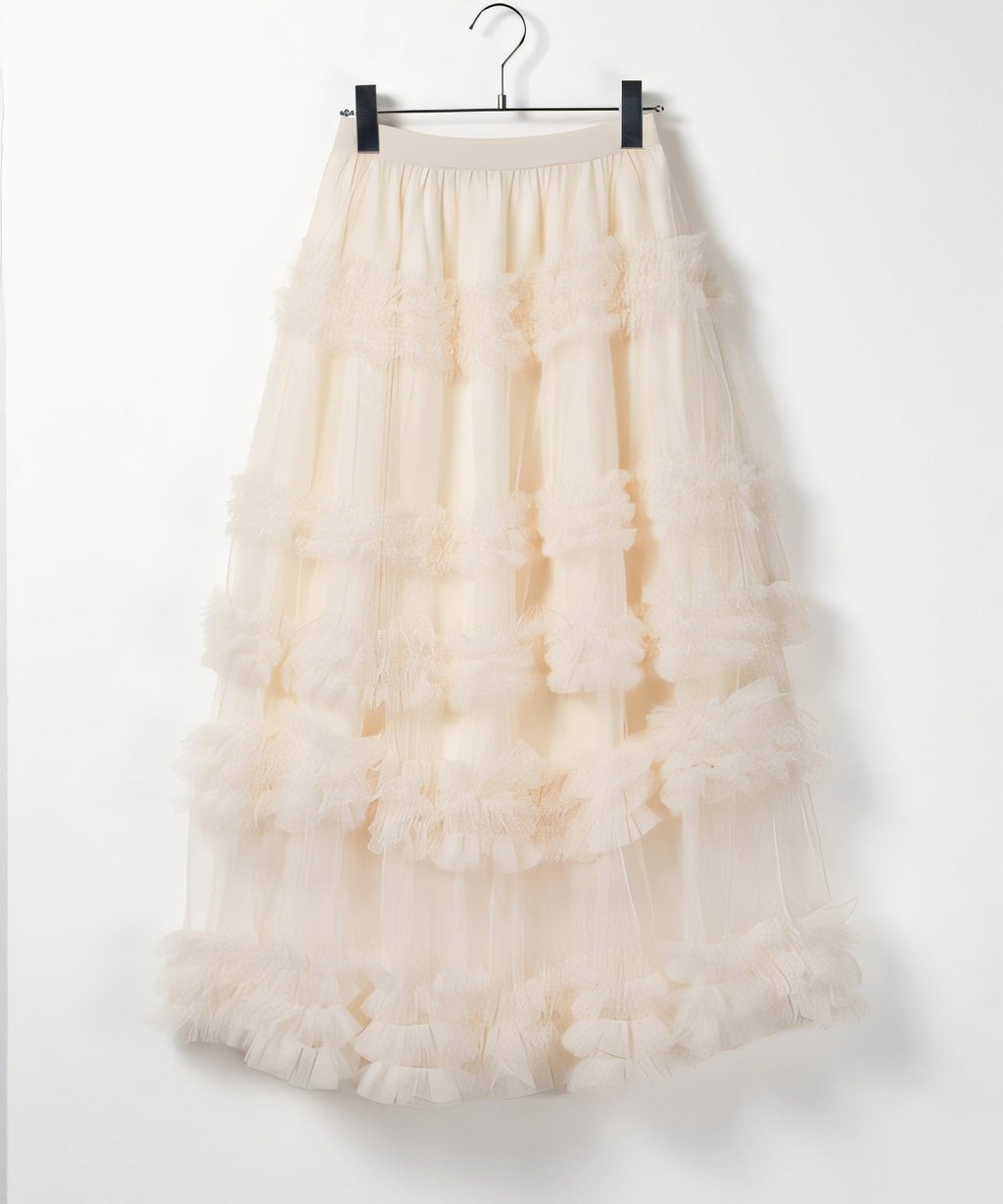 Multi Layered Ruffled Tulle Maxi Skirt - Apricot