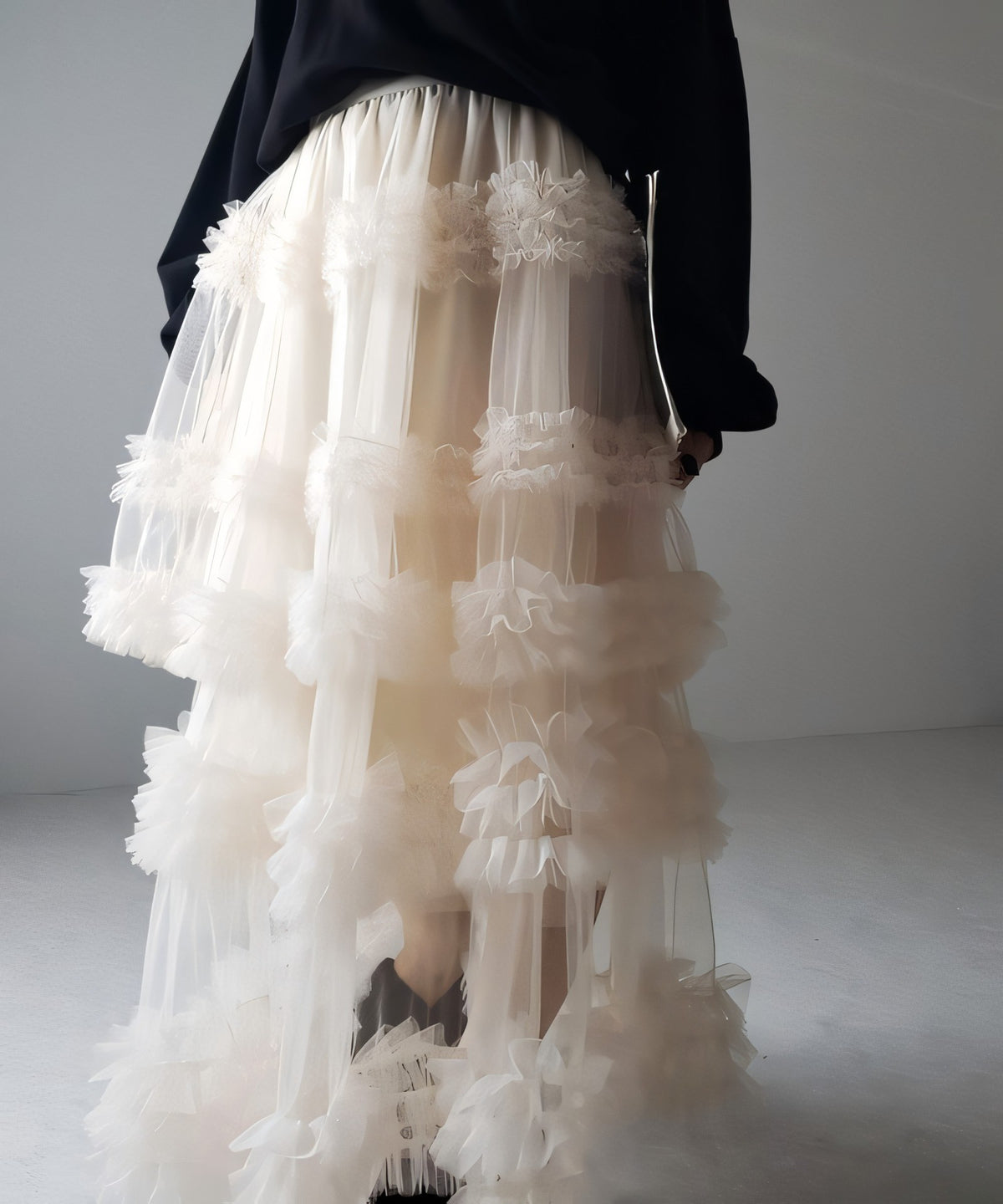 Multi Layered Ruffled Tulle Maxi Skirt - Apricot - 1