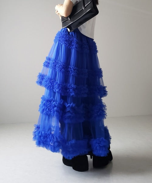 Multi Layered Ruffled Tulle Maxi Skirt - Blue - 1