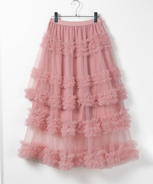 Multi Layered Ruffled Tulle Maxi Skirt - Darkpink