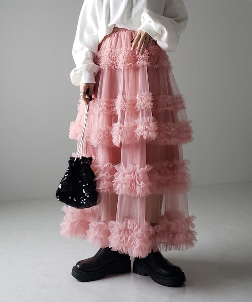 Multi Layered Ruffled Tulle Maxi Skirt - Darkpink - 2