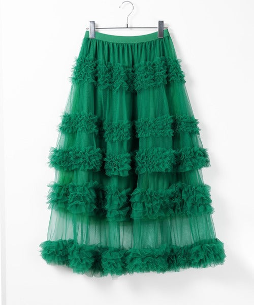 Multi Layered Ruffled Tulle Maxi Skirt - Green
