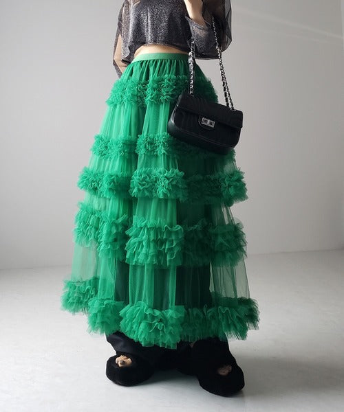 Multi Layered Ruffled Tulle Maxi Skirt - Green - 1
