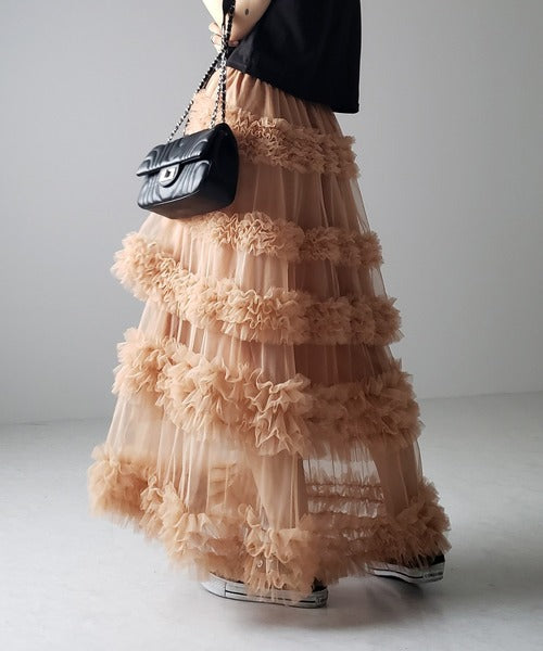 Multi Layered Ruffled Tulle Maxi Skirt - Khaki - 1