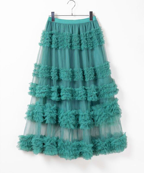 Multi Layered Ruffled Tulle Maxi Skirt - Lakeblue