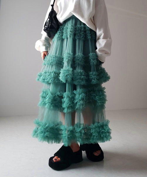 Multi Layered Ruffled Tulle Maxi Skirt - Lakeblue - 1