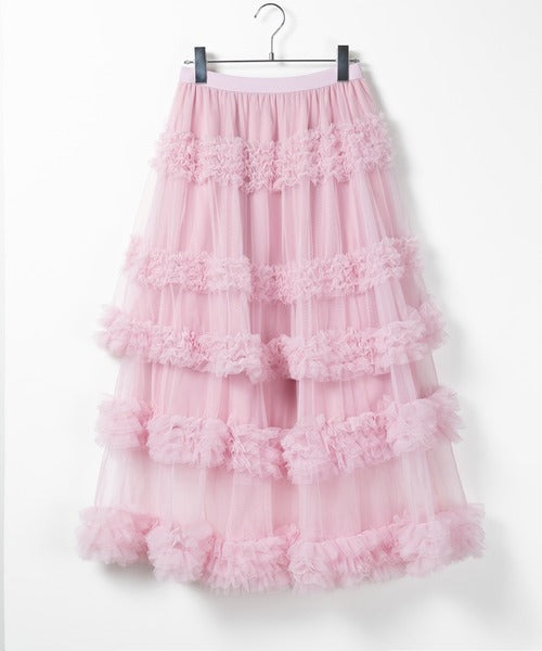 Multi Layered Ruffled Tulle Maxi Skirt - Pink