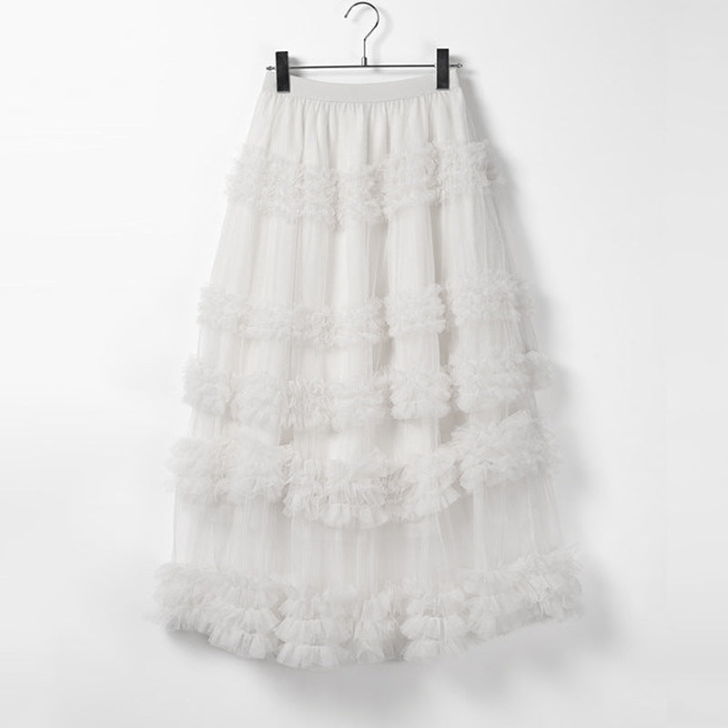 Multi Layered Ruffled Tulle Maxi Skirt - White