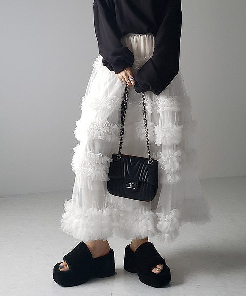 Multi Layered Ruffled Tulle Maxi Skirt - White - 1