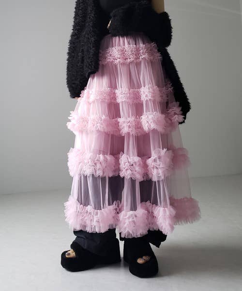 Multi Layered Ruffled Tulle Maxi Skirt