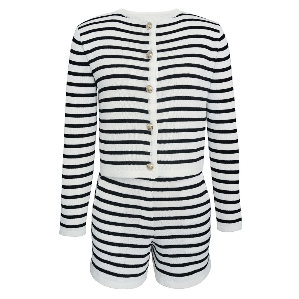 Striped Knit Cardigan With Matching Shorts - Cardigan - 2