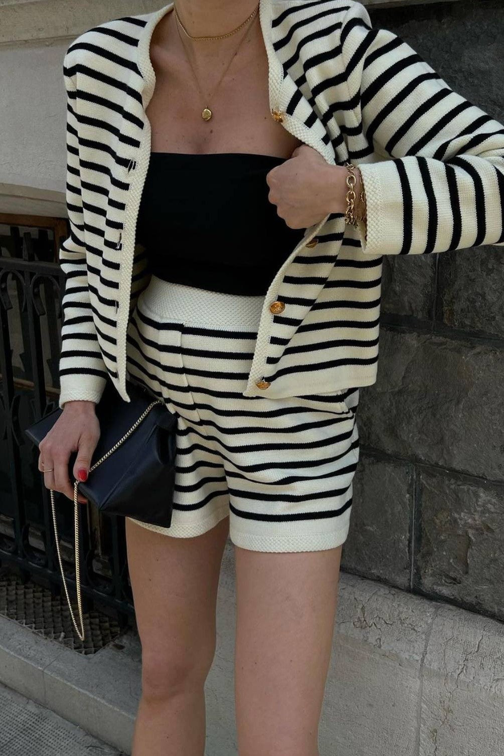 Striped Knit Cardigan With Matching Shorts - Cardigan - 8