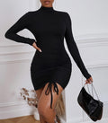 Open Back Mock Neck Ruched Mini Dress - Black