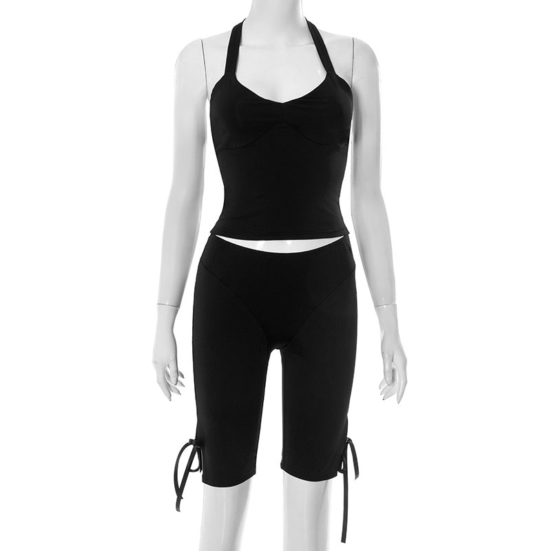 Halter Tank And Ruched Biker Short Set - Black - 1